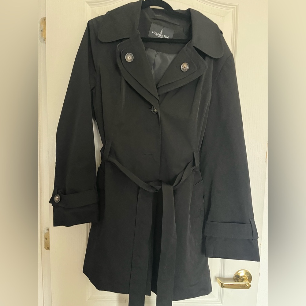 London Fog.  Black. Button up. Black. Removable hood. XL